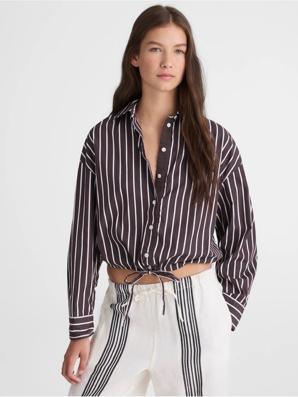 Madewell Drawstring Button-Up Shirt in Poplin Chocolate Oversized Sz XXS NWT $98
